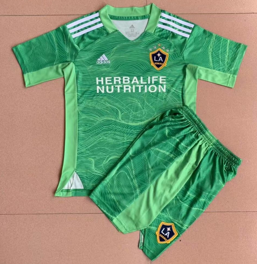 Kids Los Angeles Galaxy 2021/22 Goalkeeper Green Soccer Kits Shirt With Shorts